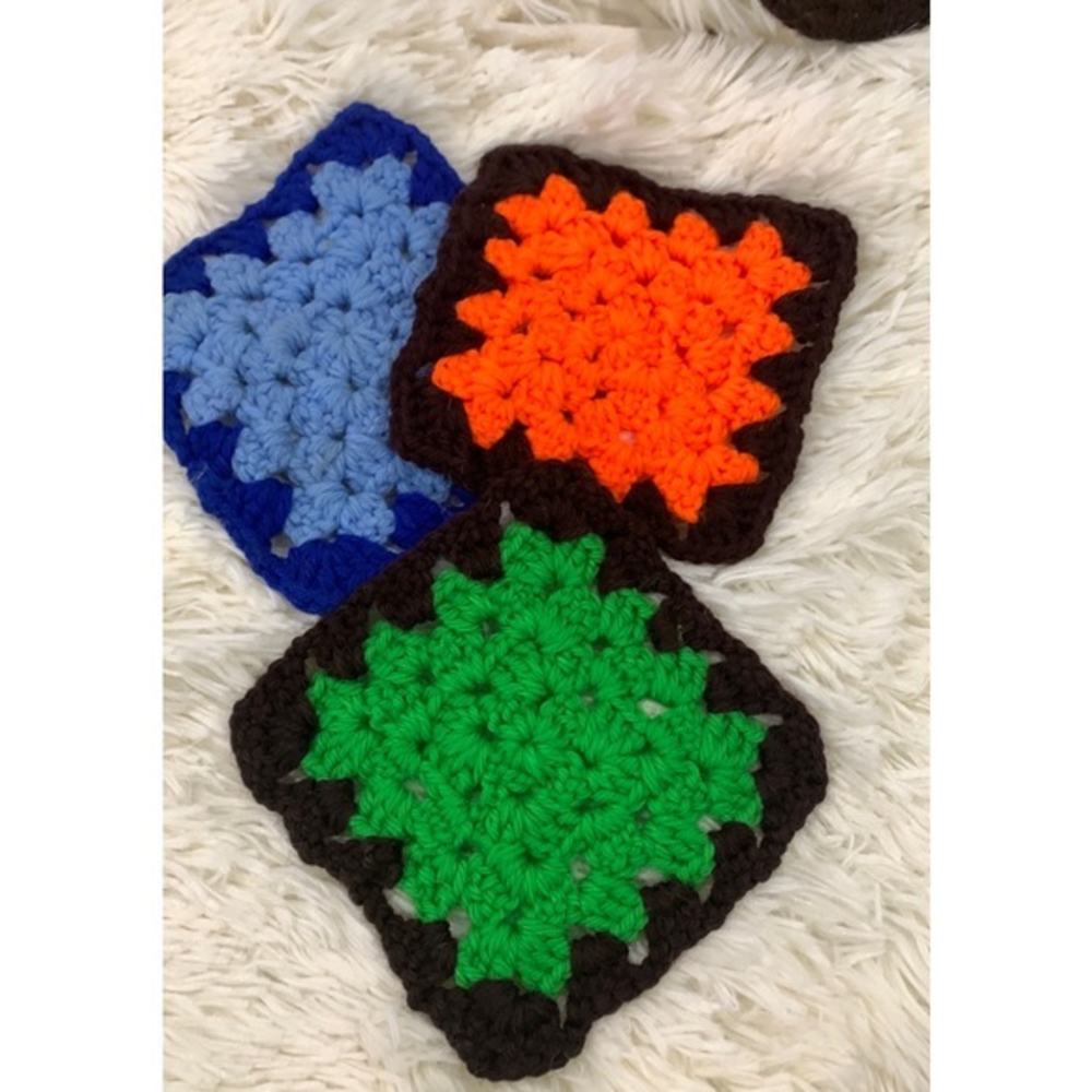 3 Vintage Brown‎ & Orange , Blue, Green retro crochet granny squares 5x5